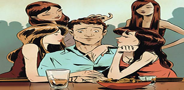 cartoon man surrounded by women